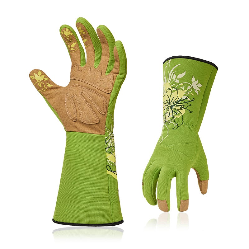 Vgo... 1-Pair Ladies' Synthetic Leather Gardening Gloves, Long Sleeves Gauntlet, Breathable & Grip Work Gloves, High Dexterity, Washable (Size M, Green, SL7445) - Image 1